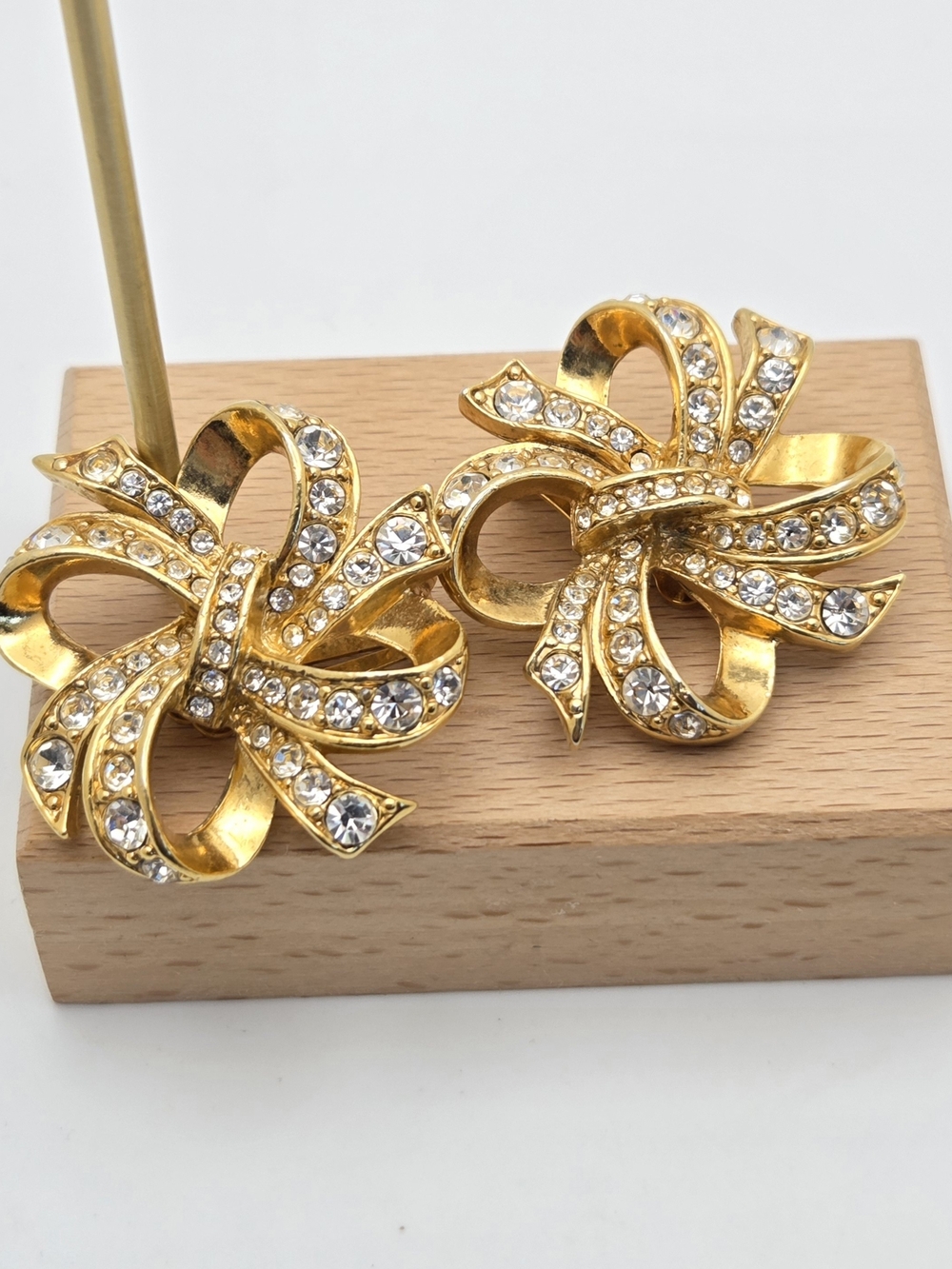 Signed KJL for Avon Vintage Gold Pavé Rhinestone Bow Clip-On Earrings
